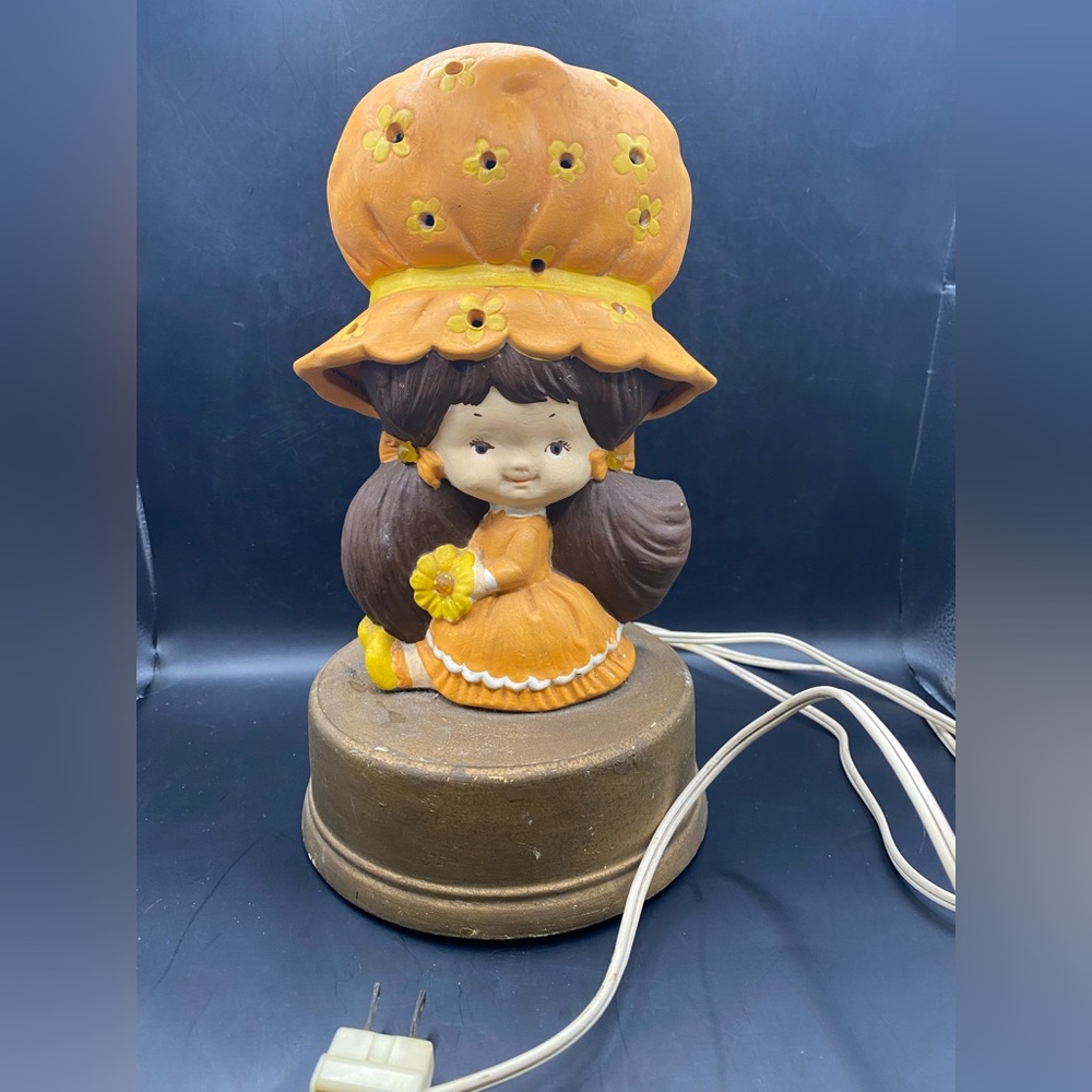 Vintage 1970s Ceramic Girl Lamp 10.5” Floral Bonnet Mushroom Cottagecore